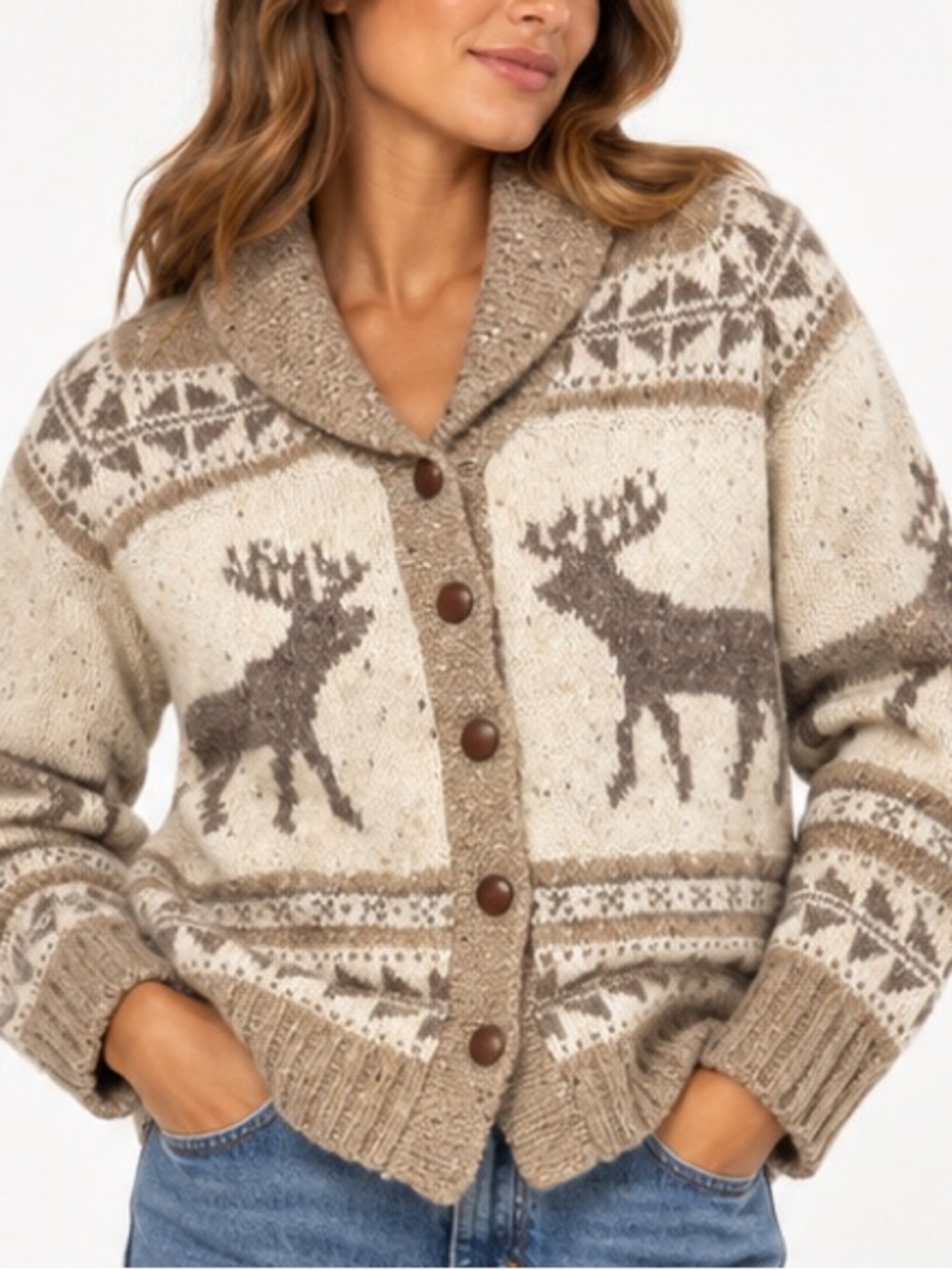Vintage Ralph Lauren Hand-Knit Shawl Collar Wool Cardigan Fair Isle Deer Cabin L